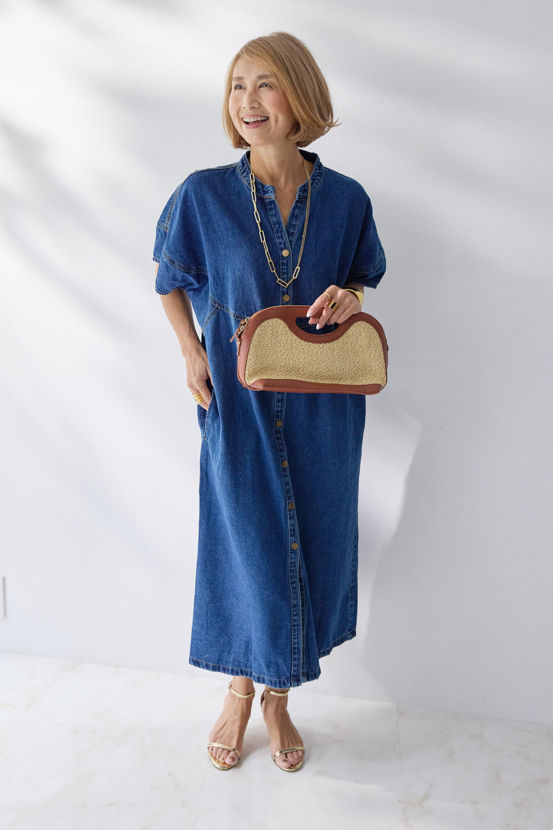 バンドカラーデニムシャツワンピース