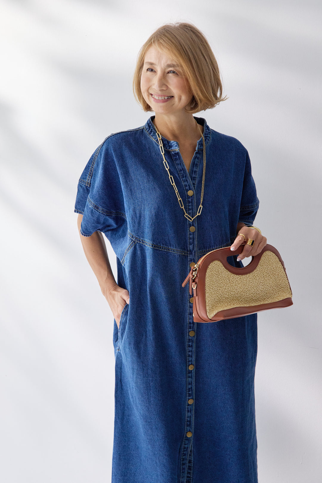 バンドカラーデニムシャツワンピース