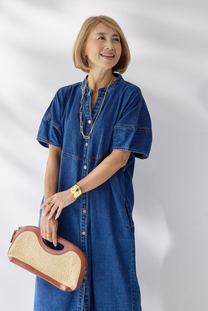 バンドカラーデニムシャツワンピース