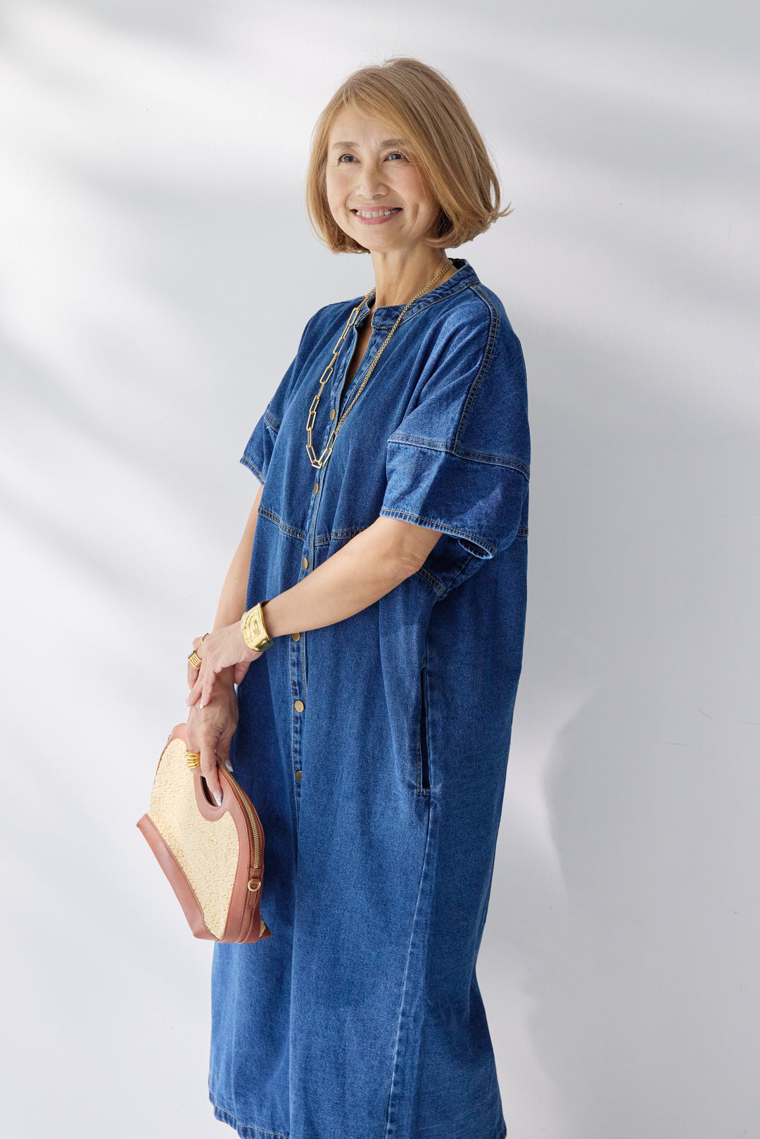 バンドカラーデニムシャツワンピース