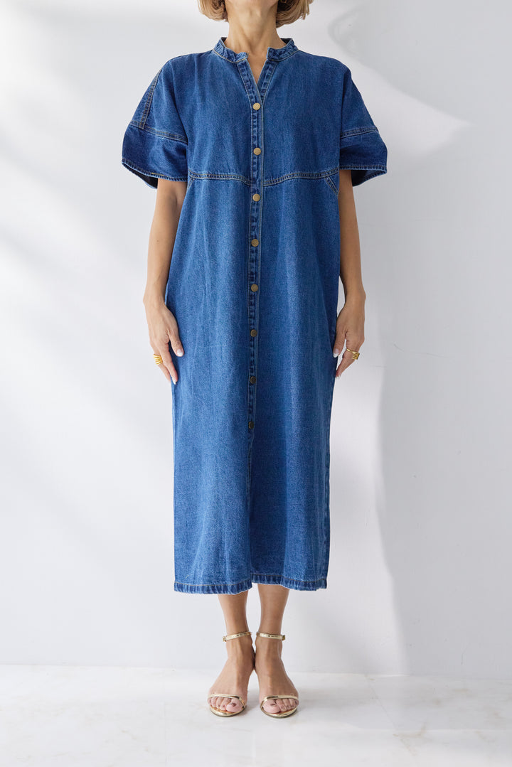 バンドカラーデニムシャツワンピース