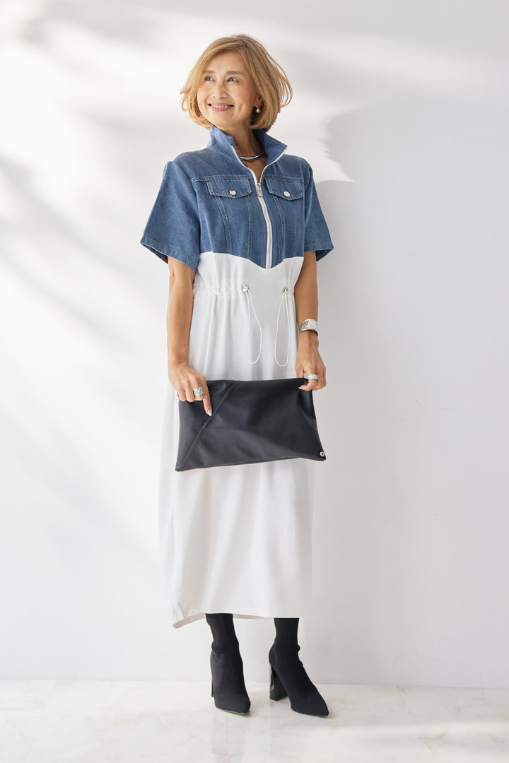 デニム切替スタンドジップワンピース