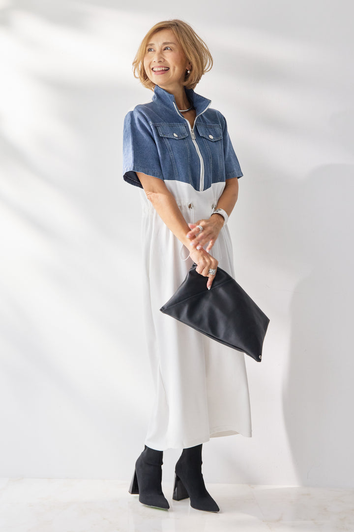 デニム切替スタンドジップワンピース