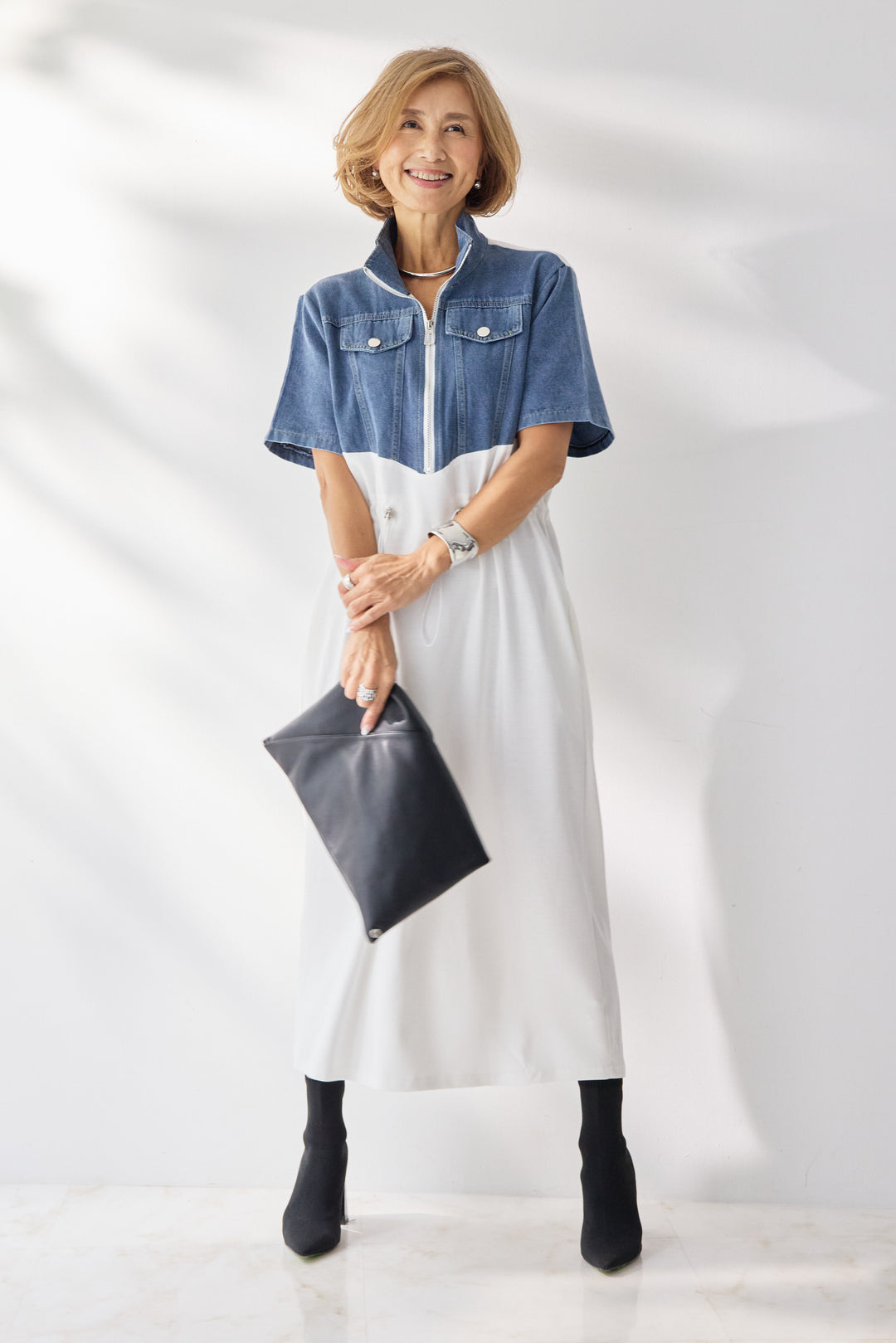 デニム切替スタンドジップワンピース