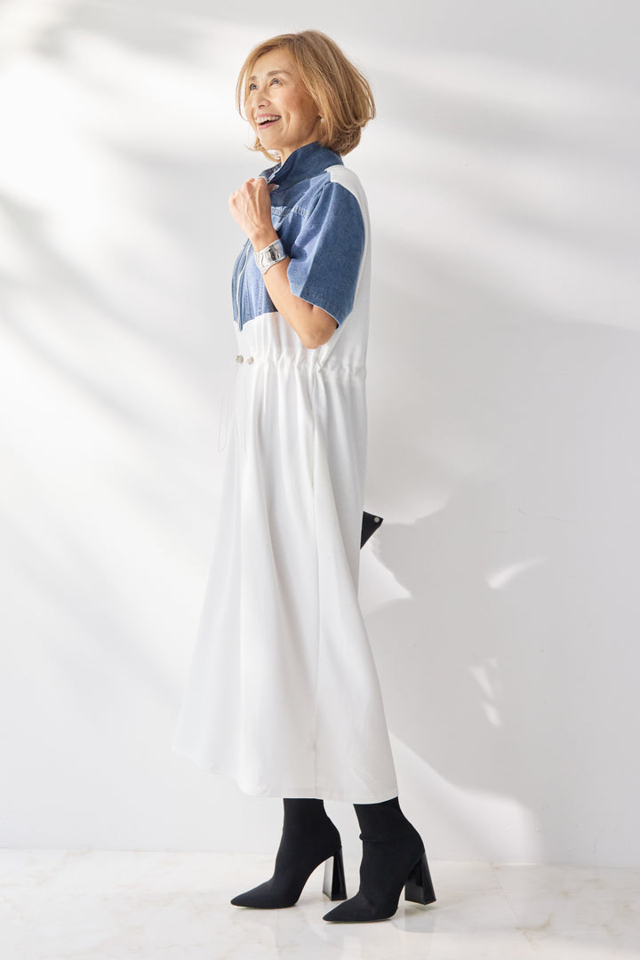 デニム切替スタンドジップワンピース