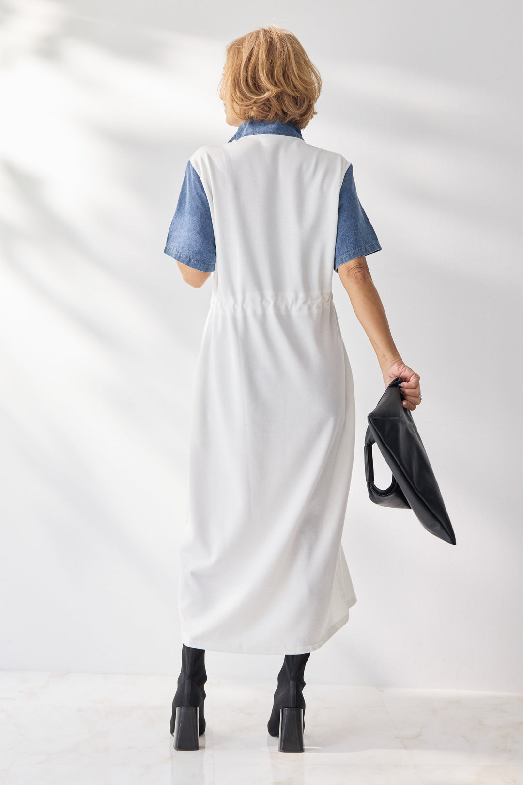 デニム切替スタンドジップワンピース