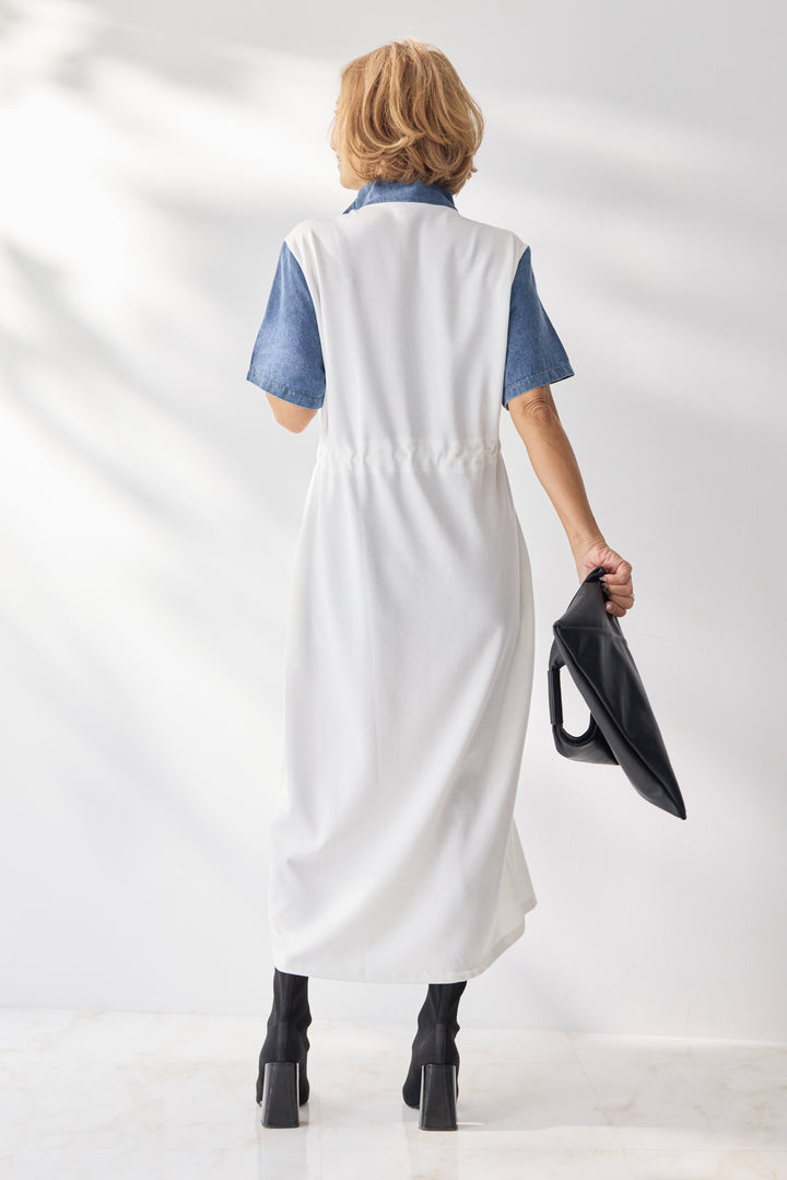 デニム切替スタンドジップワンピース