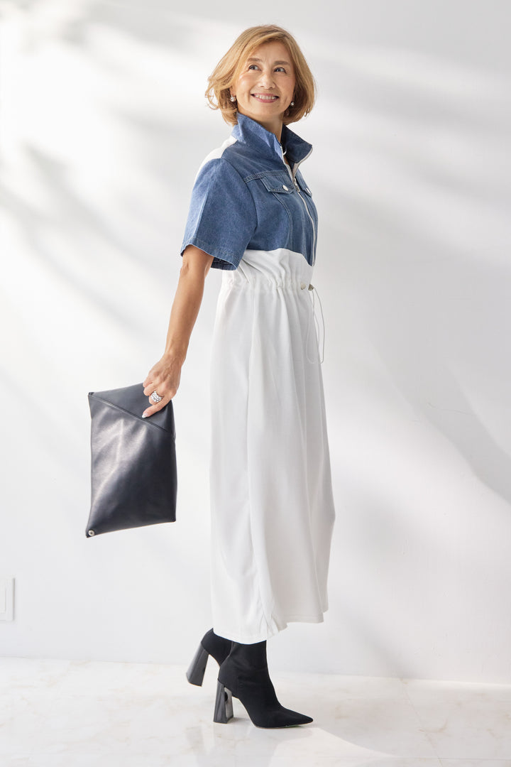 デニム切替スタンドジップワンピース