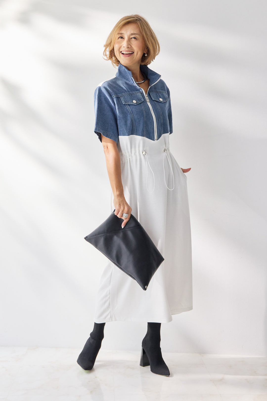 デニム切替スタンドジップワンピース