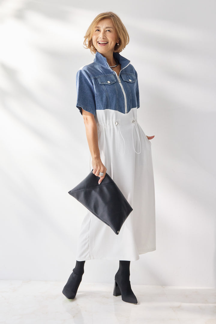 デニム切替スタンドジップワンピース