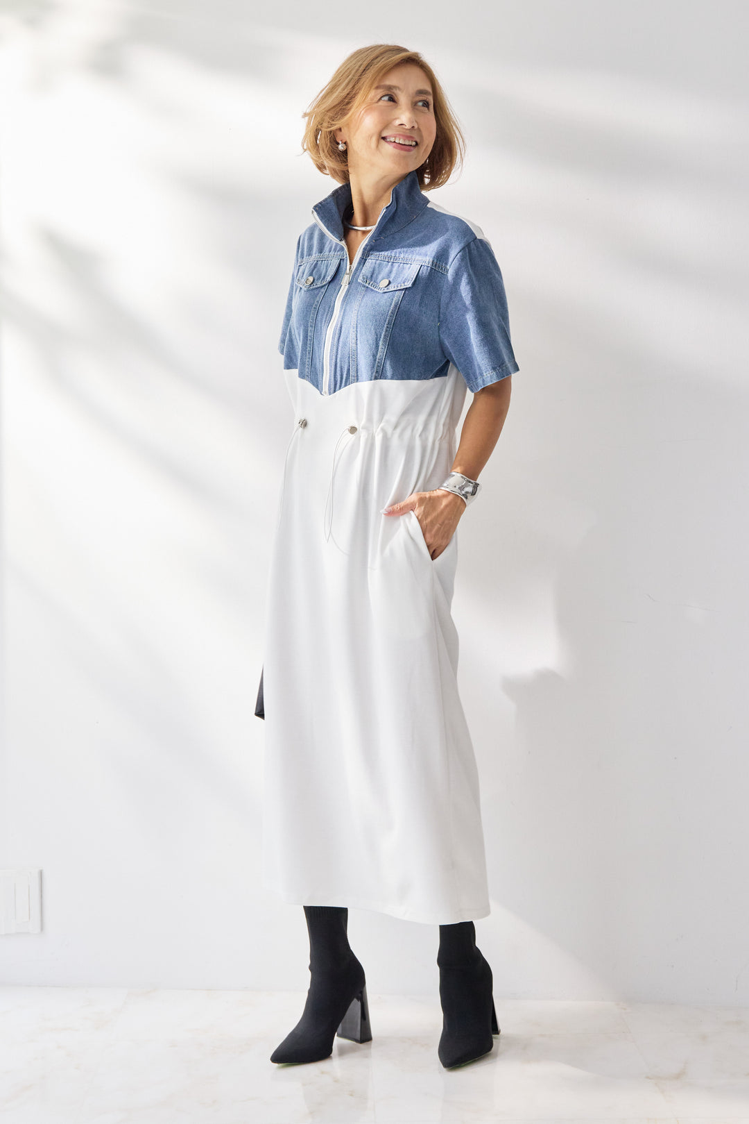 デニム切替スタンドジップワンピース