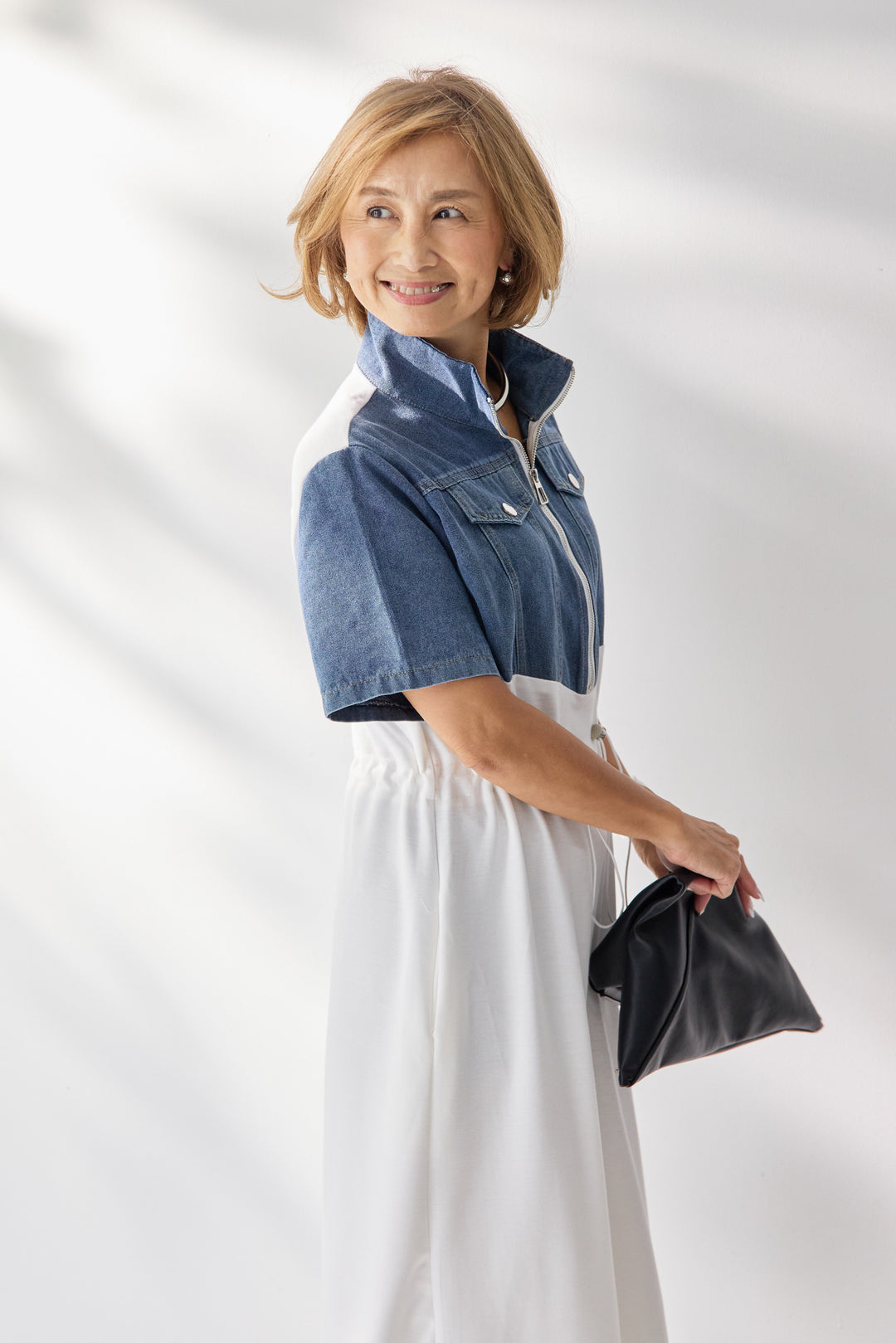 デニム切替スタンドジップワンピース