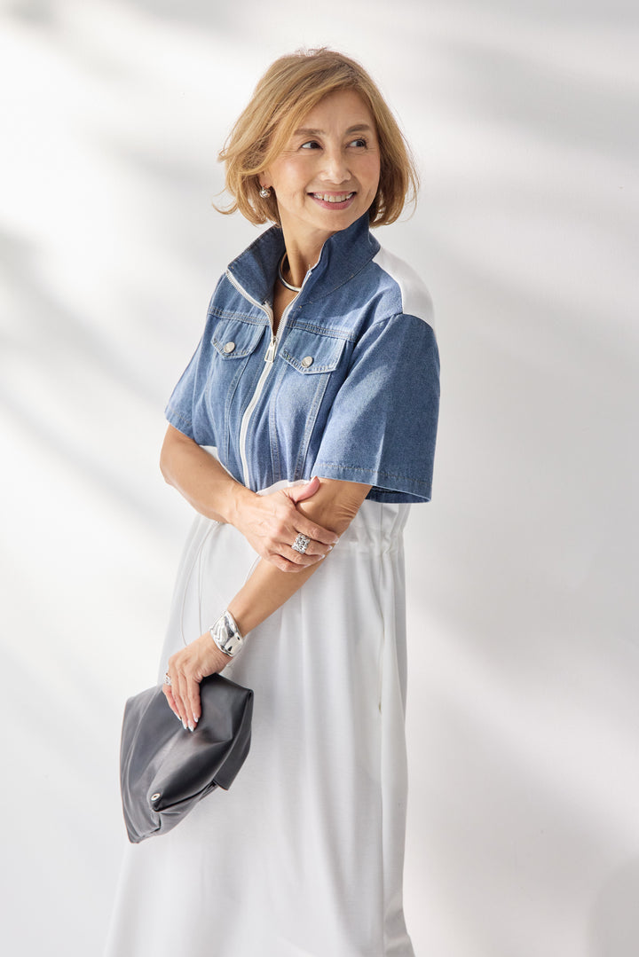 デニム切替スタンドジップワンピース