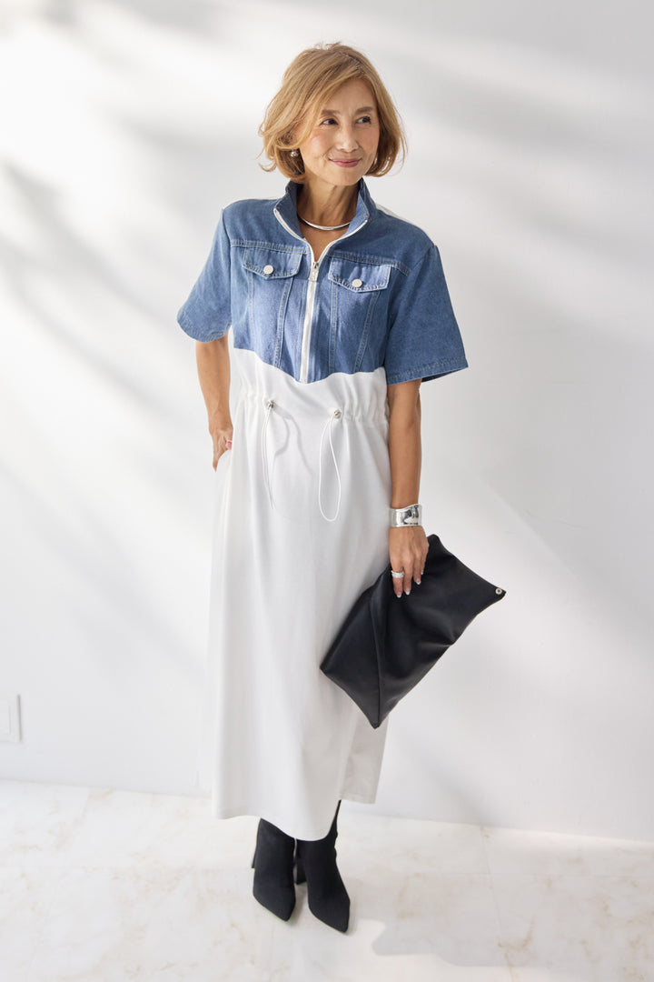 デニム切替スタンドジップワンピース
