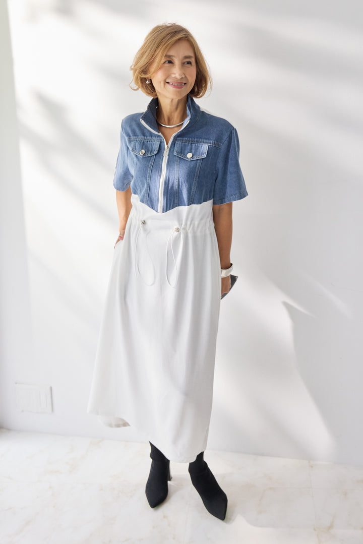 デニム切替スタンドジップワンピース
