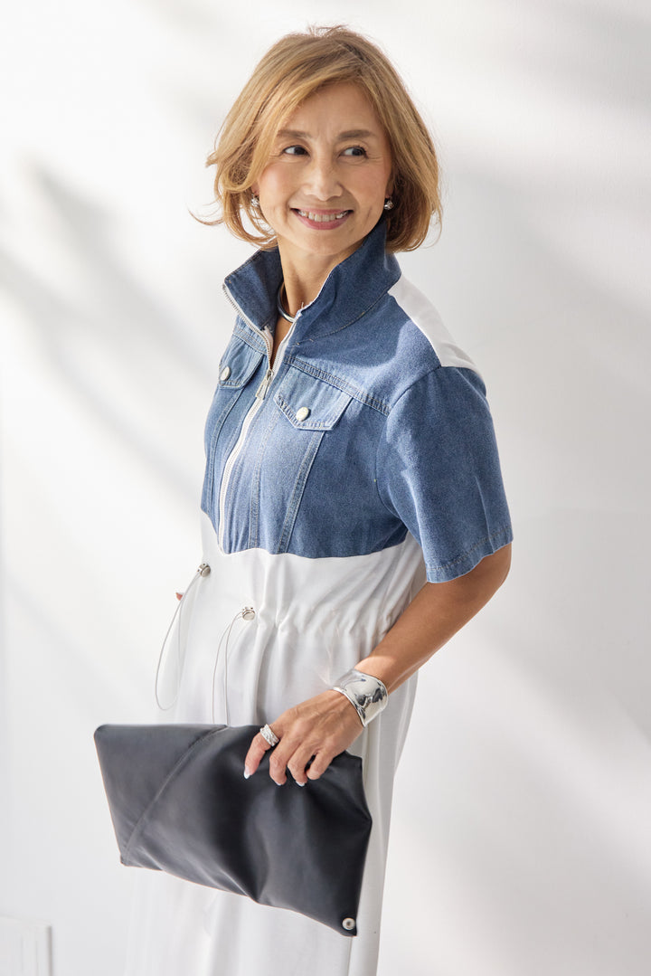 デニム切替スタンドジップワンピース