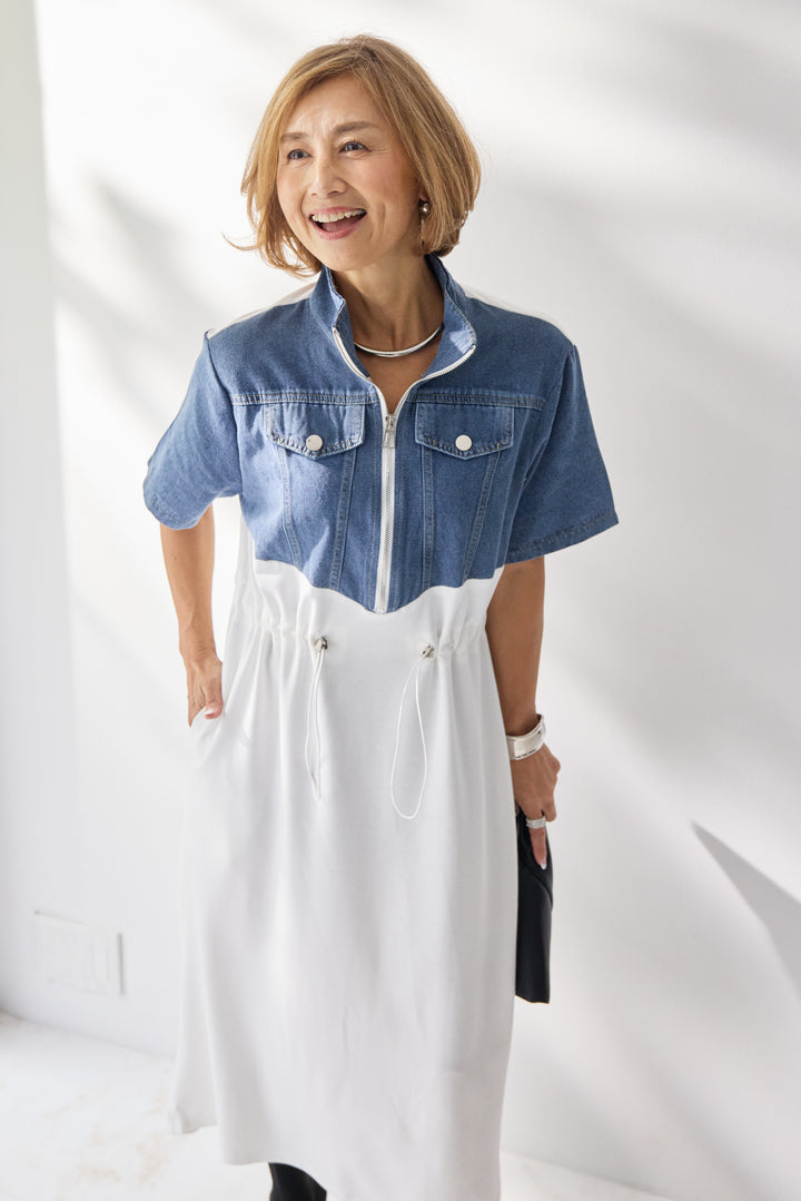 デニム切替スタンドジップワンピース