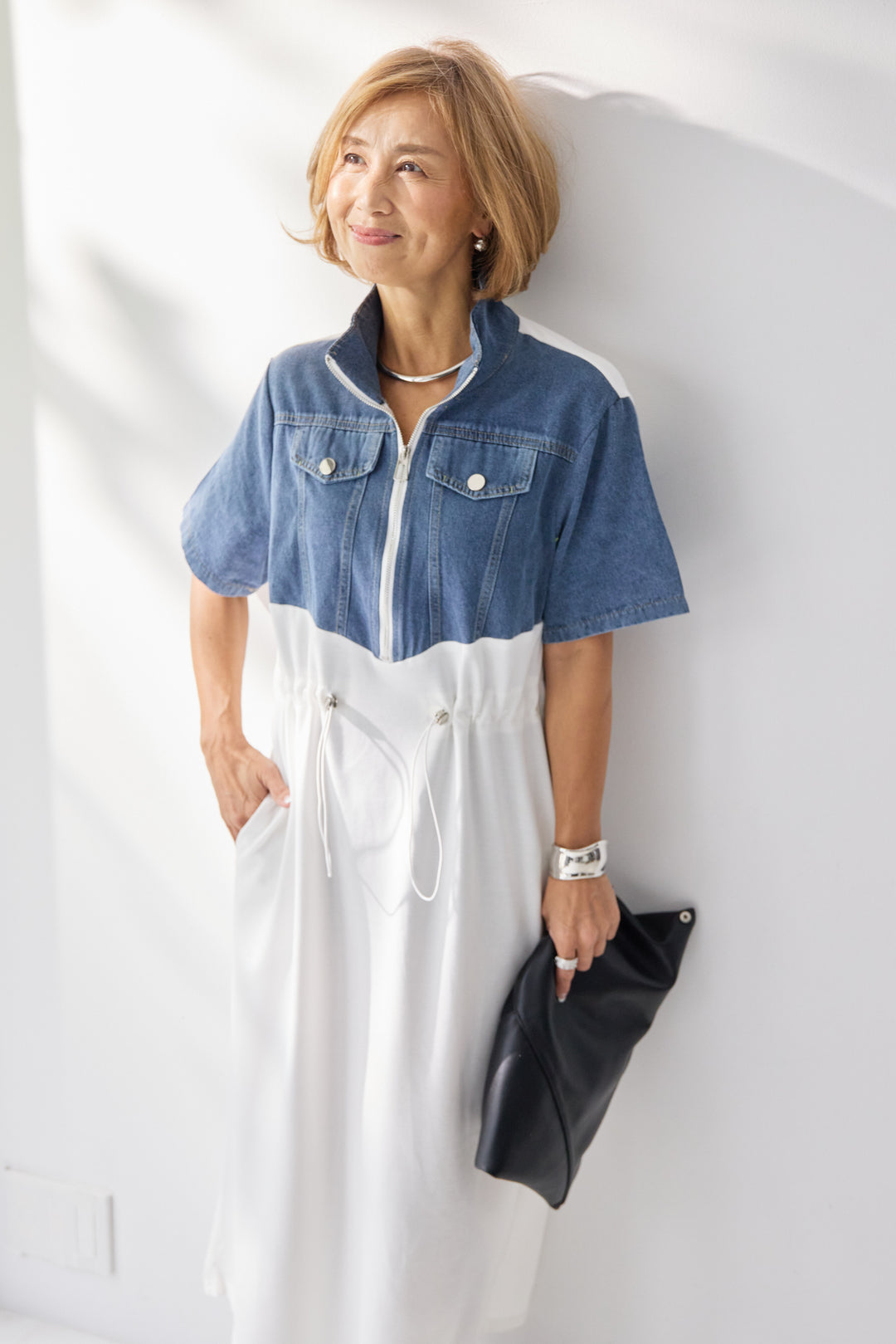 デニム切替スタンドジップワンピース