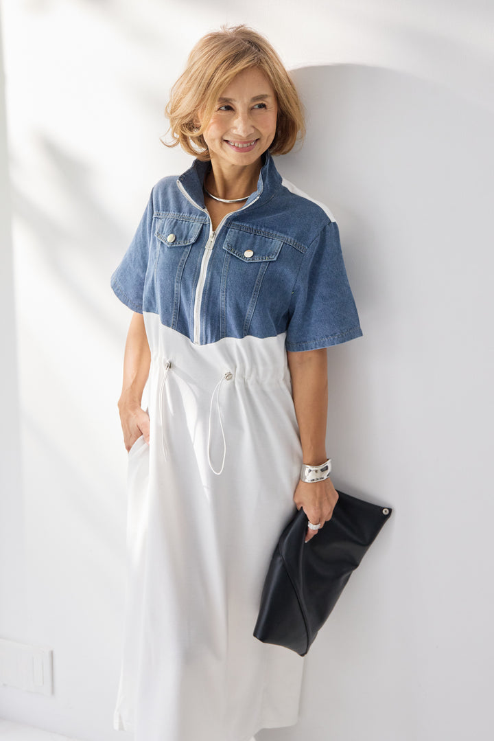 デニム切替スタンドジップワンピース