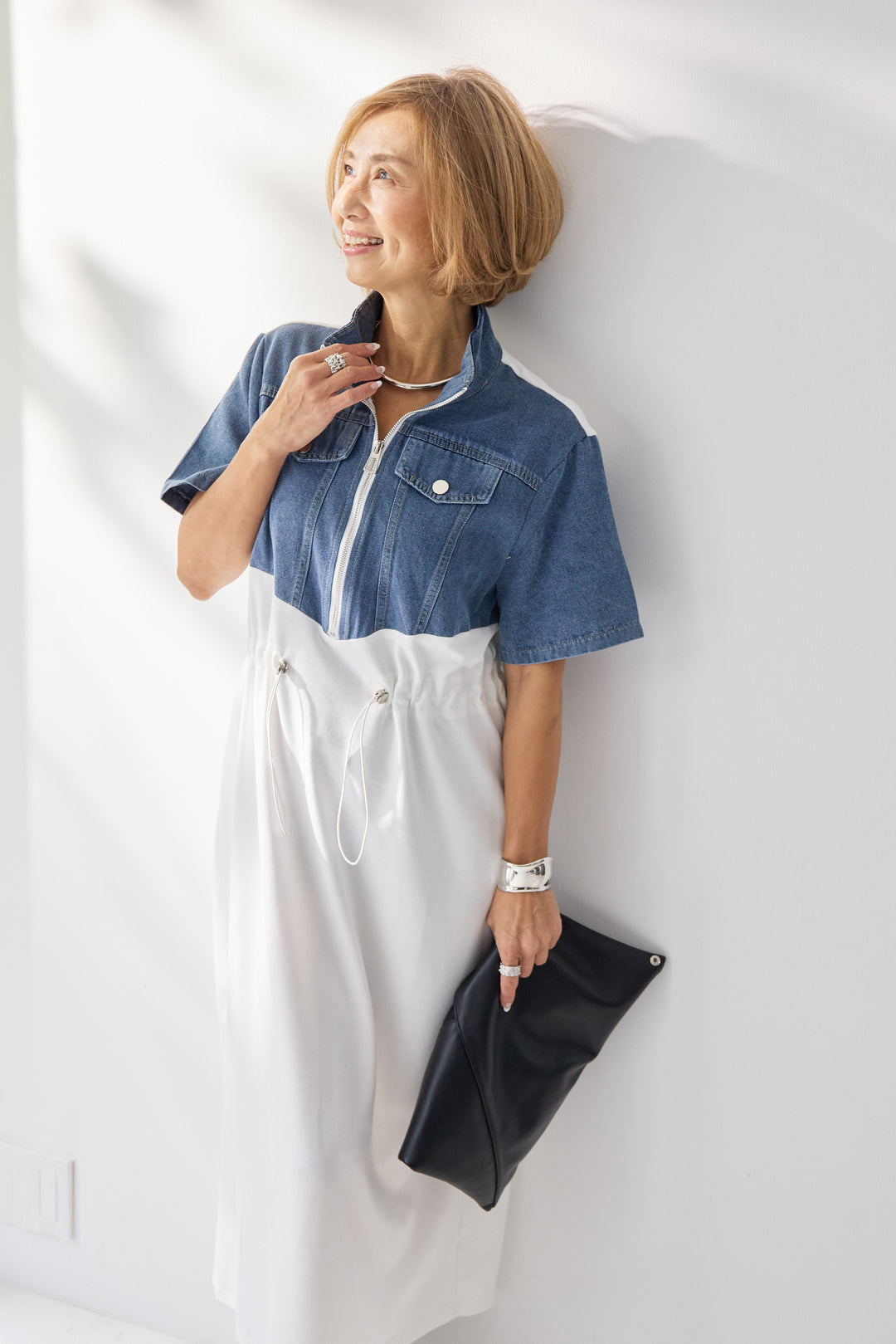 デニム切替スタンドジップワンピース