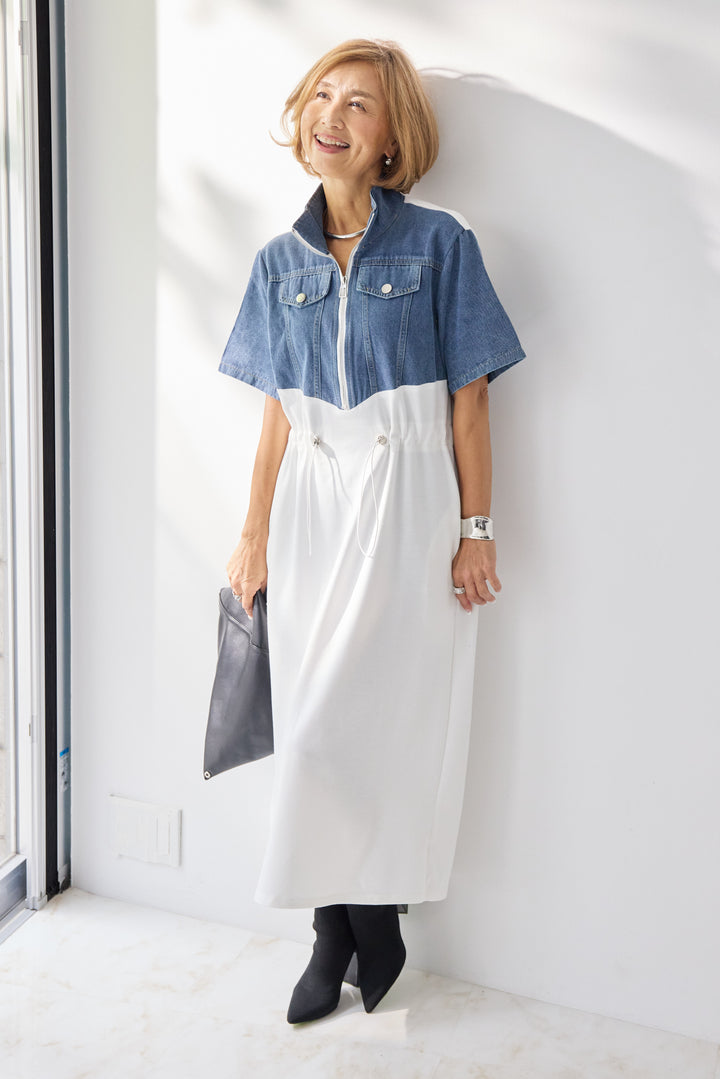 デニム切替スタンドジップワンピース
