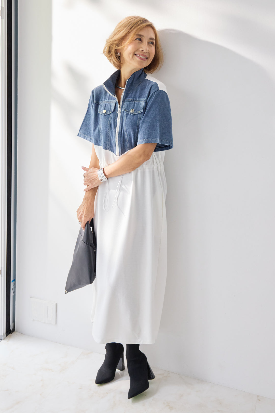 デニム切替スタンドジップワンピース