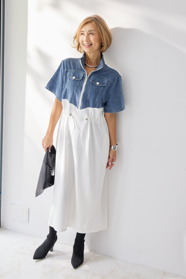デニム切替スタンドジップワンピース