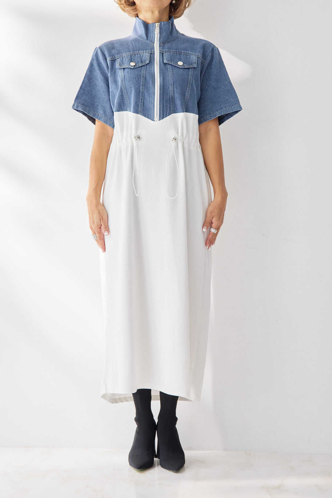 デニム切替スタンドジップワンピース