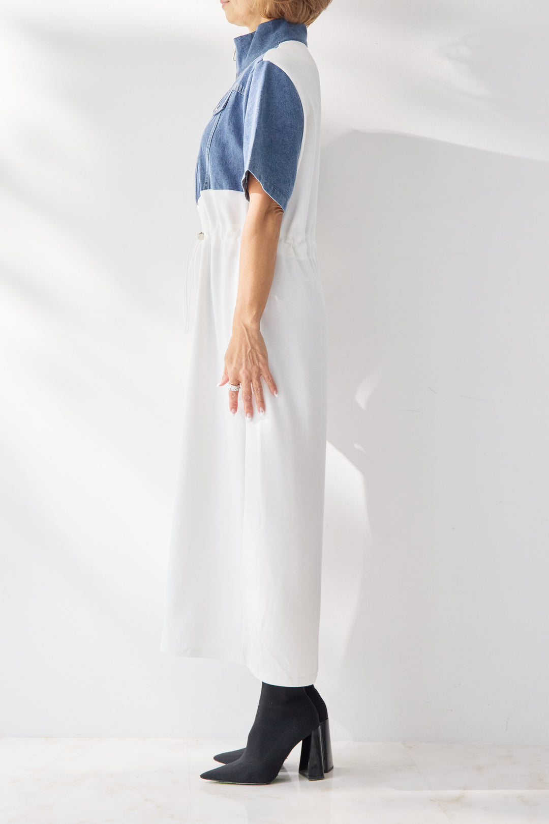 デニム切替スタンドジップワンピース