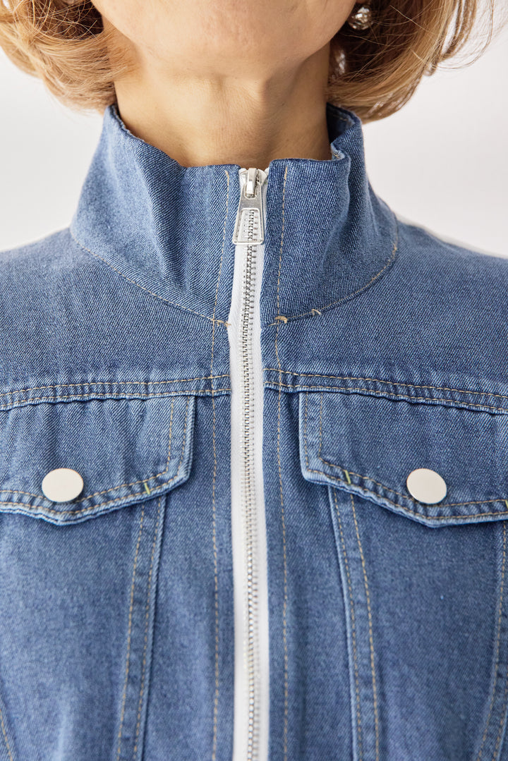 デニム切替スタンドジップワンピース