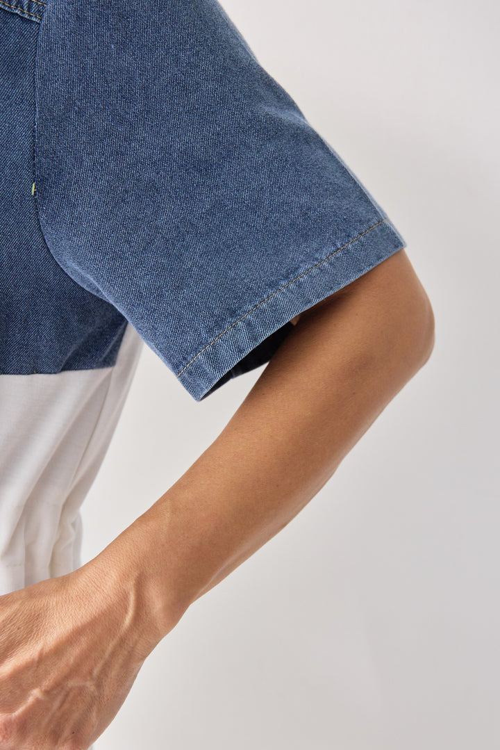 デニム切替スタンドジップワンピース