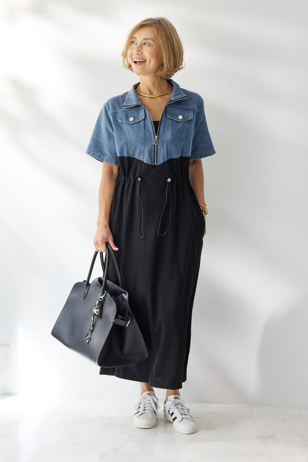 デニム切替スタンドジップワンピース