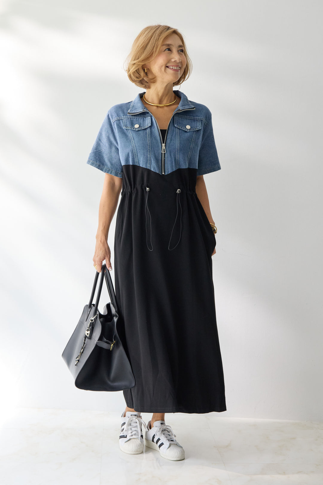 デニム切替スタンドジップワンピース