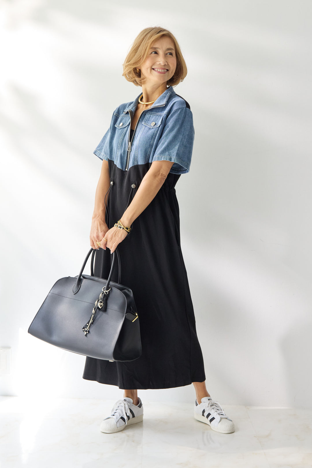 デニム切替スタンドジップワンピース