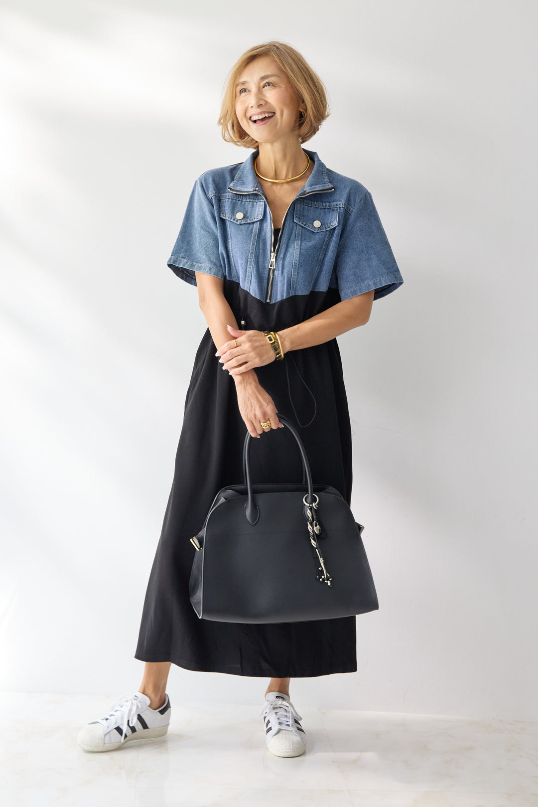 デニム切替スタンドジップワンピース