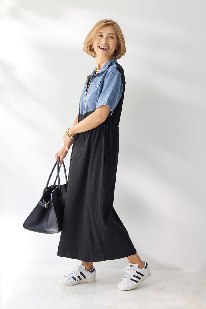 デニム切替スタンドジップワンピース