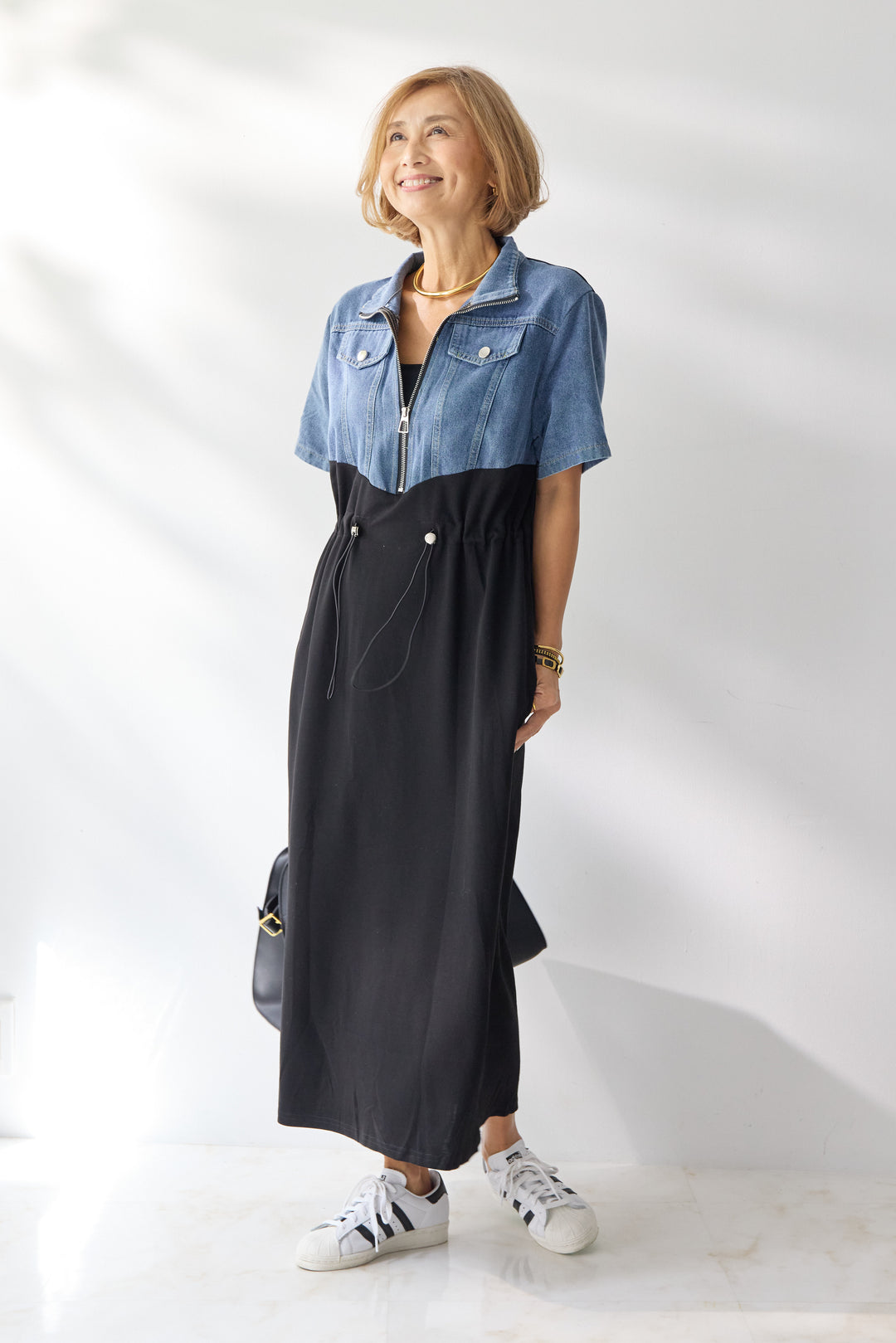 デニム切替スタンドジップワンピース