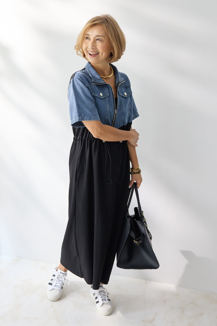 デニム切替スタンドジップワンピース