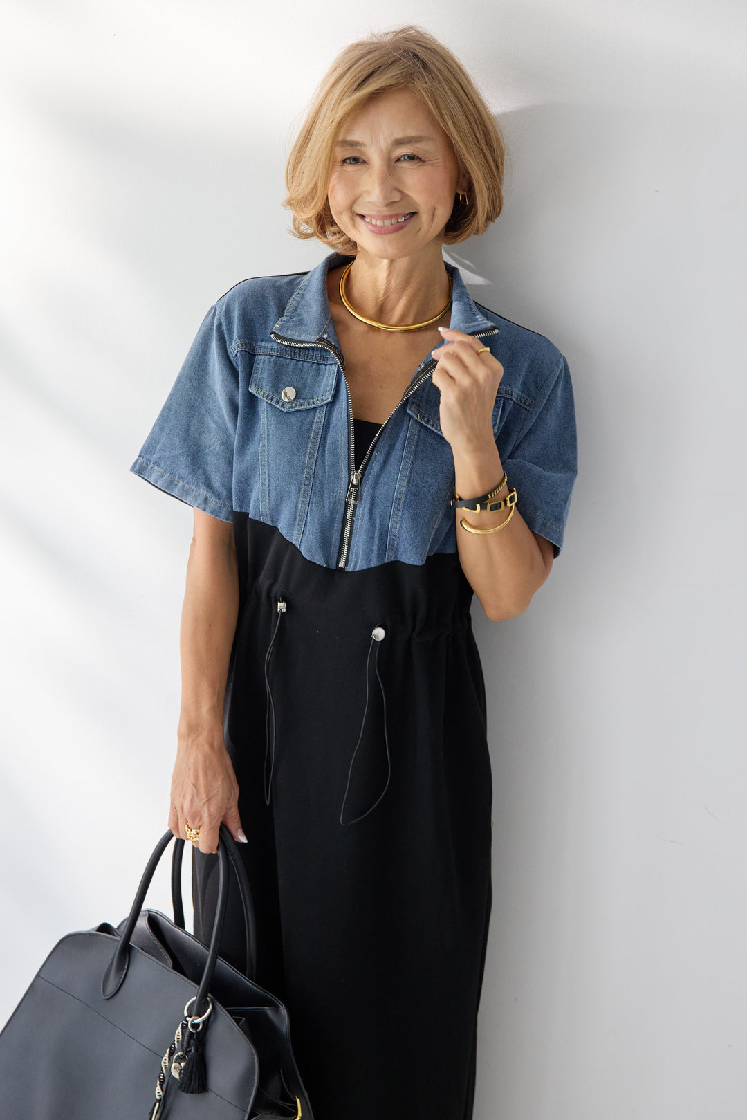 デニム切替スタンドジップワンピース