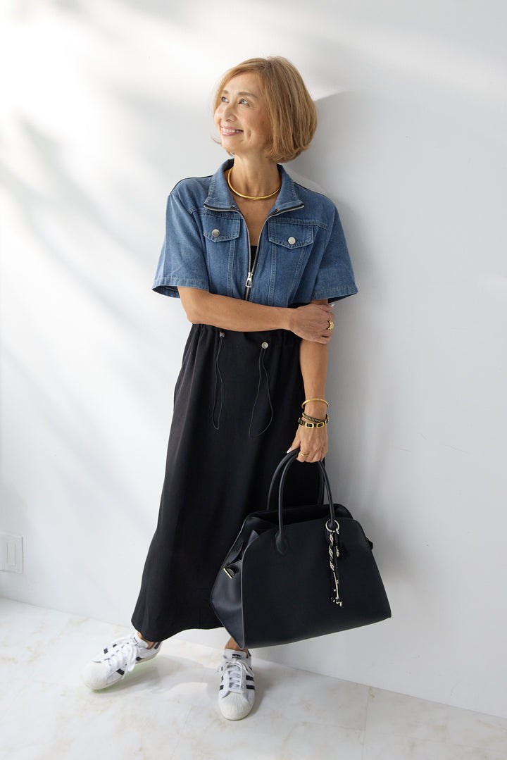 デニム切替スタンドジップワンピース