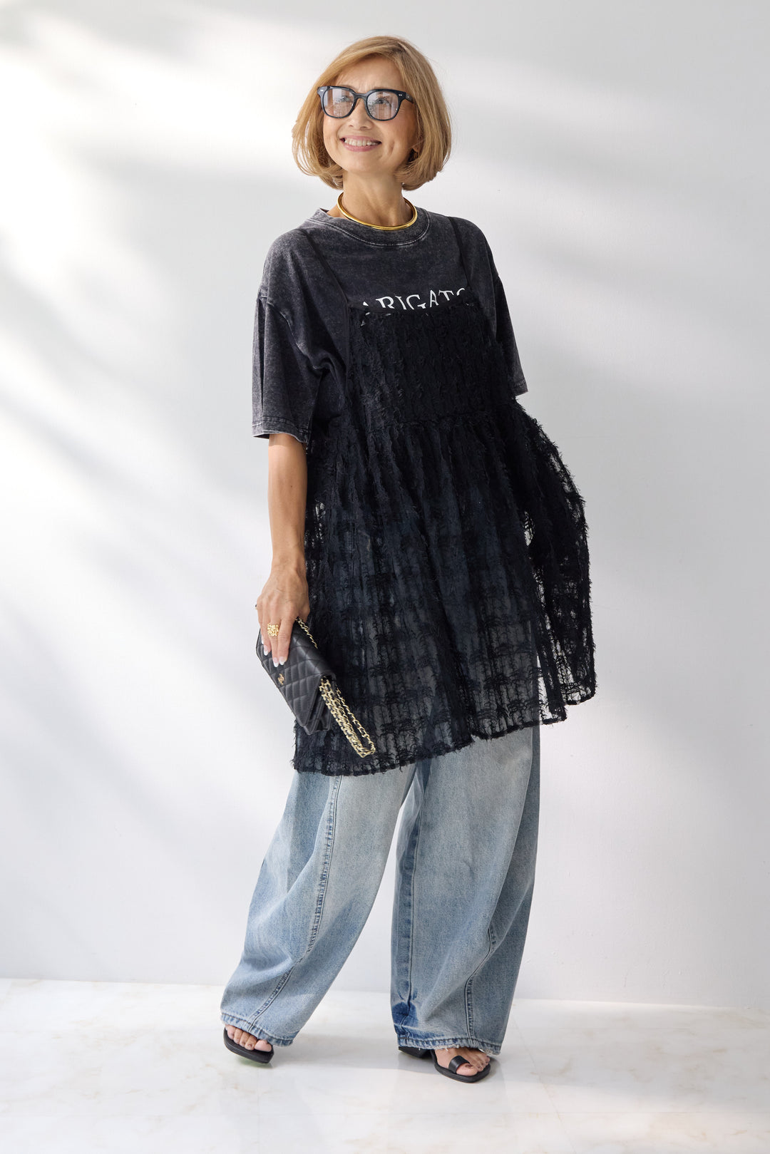 [SET]フェザーチュールキャミソール+ヴィンテージARIGATO Tシャツ(2set)