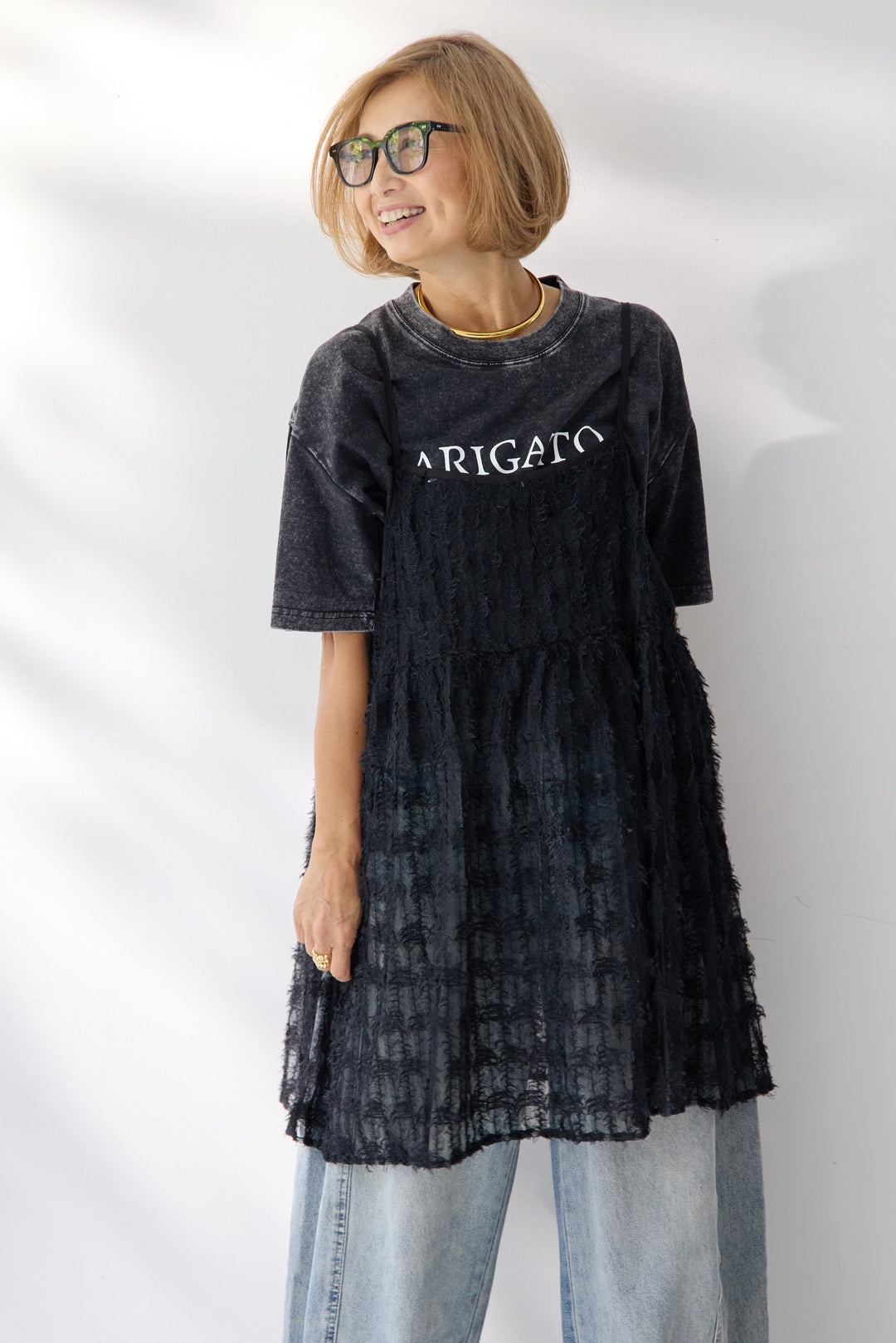 [SET]フェザーチュールキャミソール+ヴィンテージARIGATO Tシャツ(2set)