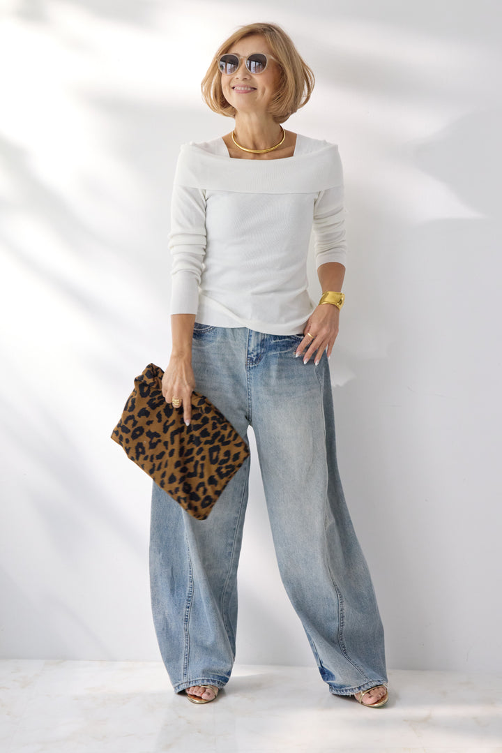 オフショルリブニット