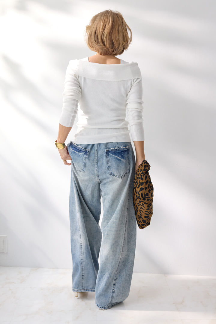 オフショルリブニット