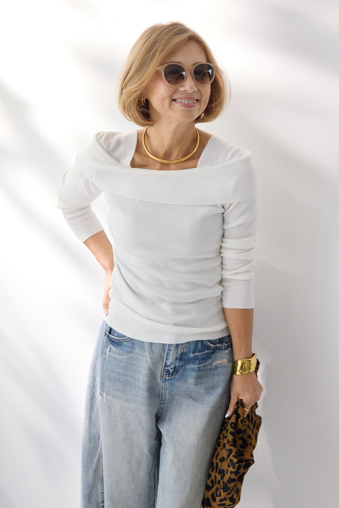 オフショルリブニット