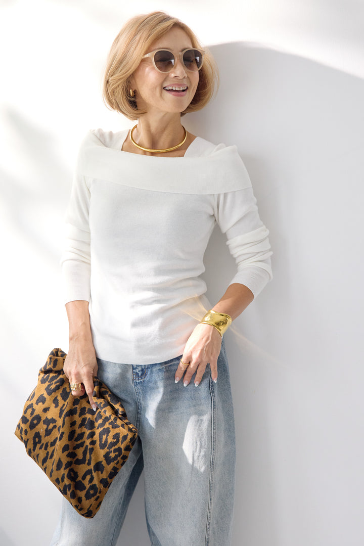 オフショルリブニット