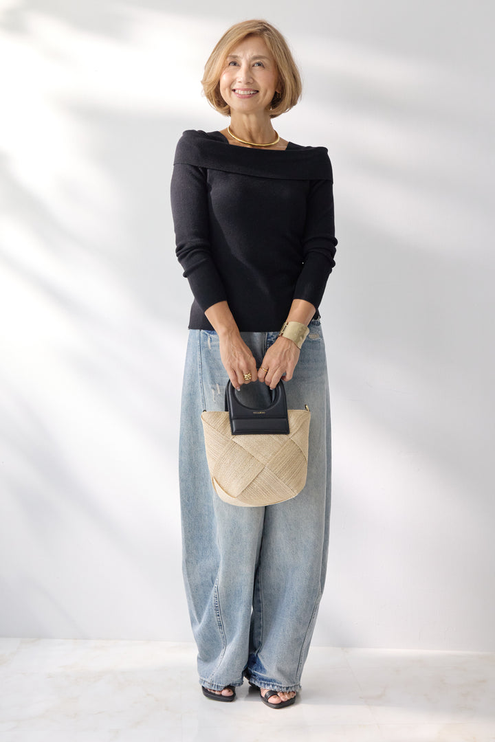 オフショルリブニット