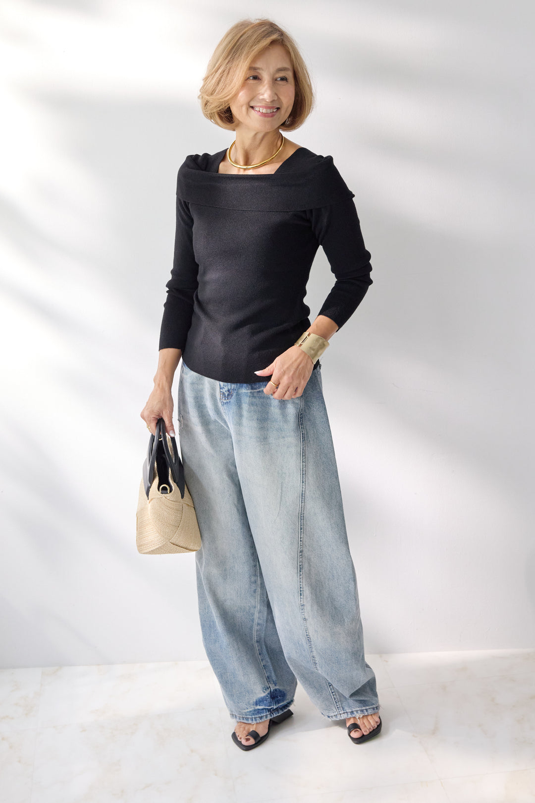 オフショルリブニット