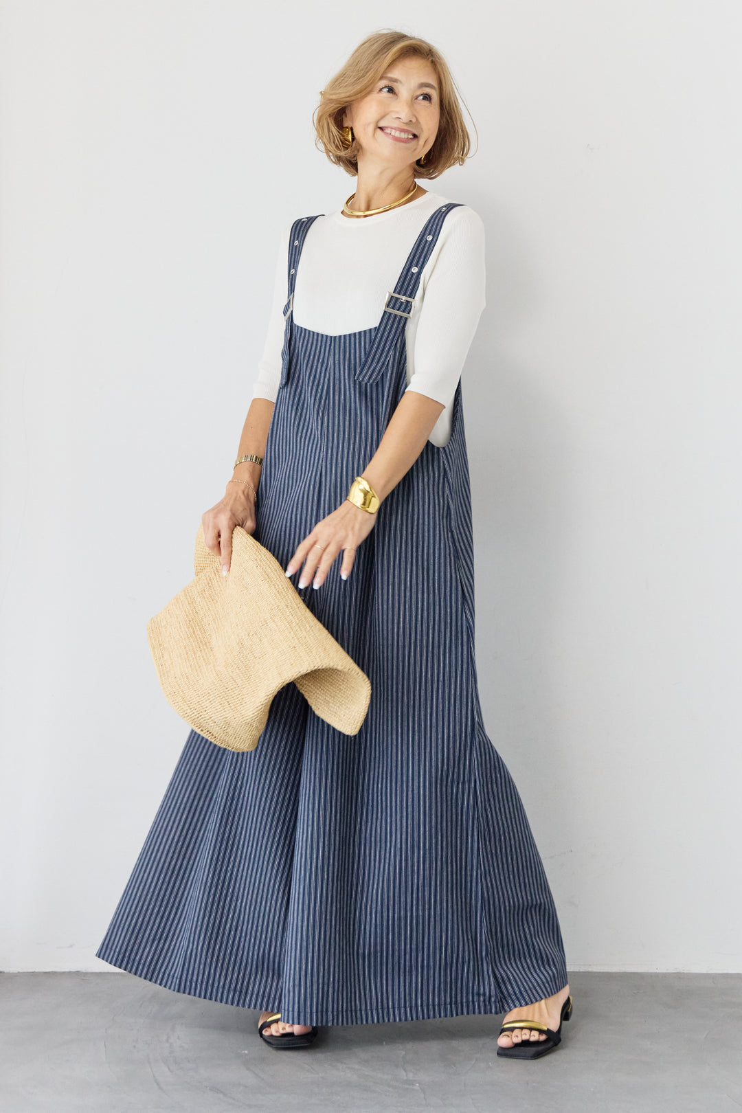 ストライプ ワイドサロペットワンピース