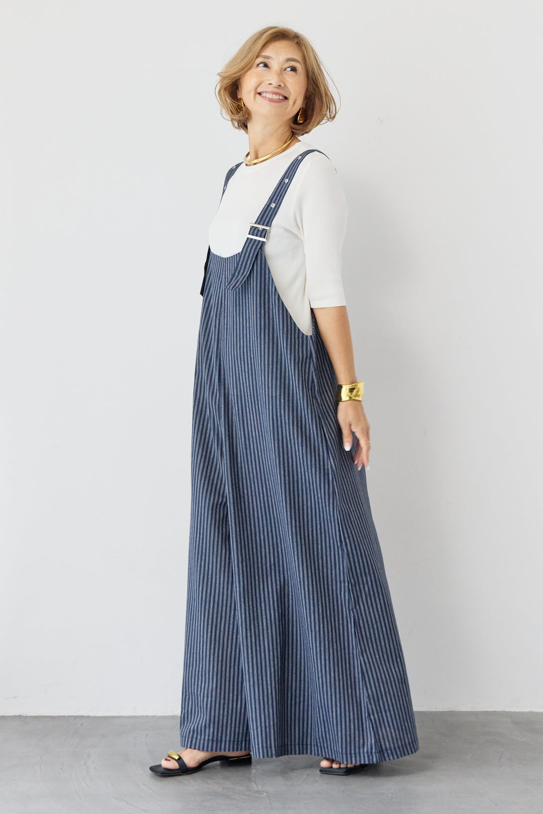 ストライプ ワイドサロペットワンピース